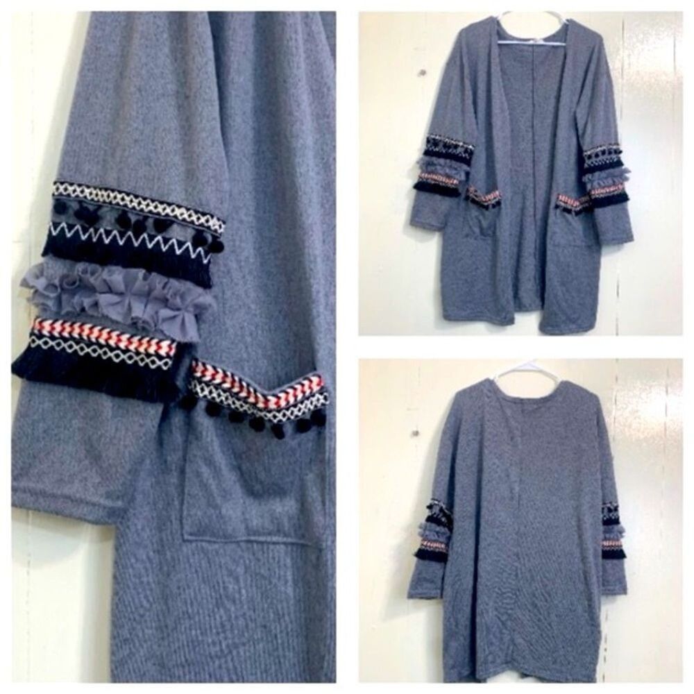 AND THE WHY Grey Embroidery Long Cardigan Size M Stretch Soft Cozy Bohemian